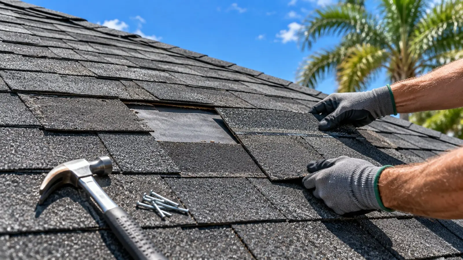 Gloved hands sliding a new shingle into a small repair patch on a charcoal shingle roof